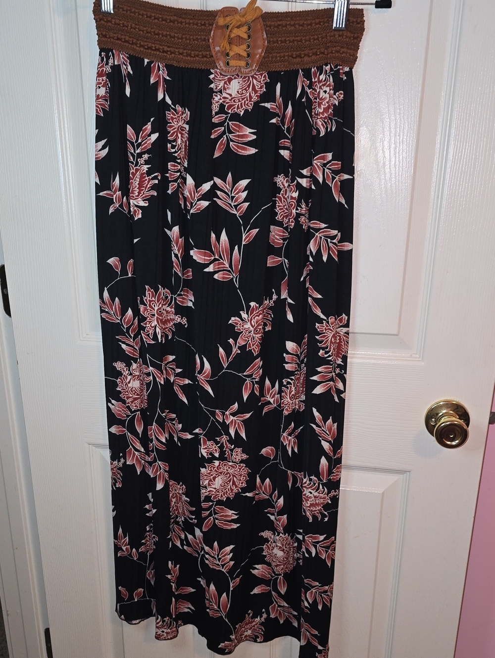 Jon & Anna Black Maxi Skirt with Pink Floral Print and Brown Crochet Waist